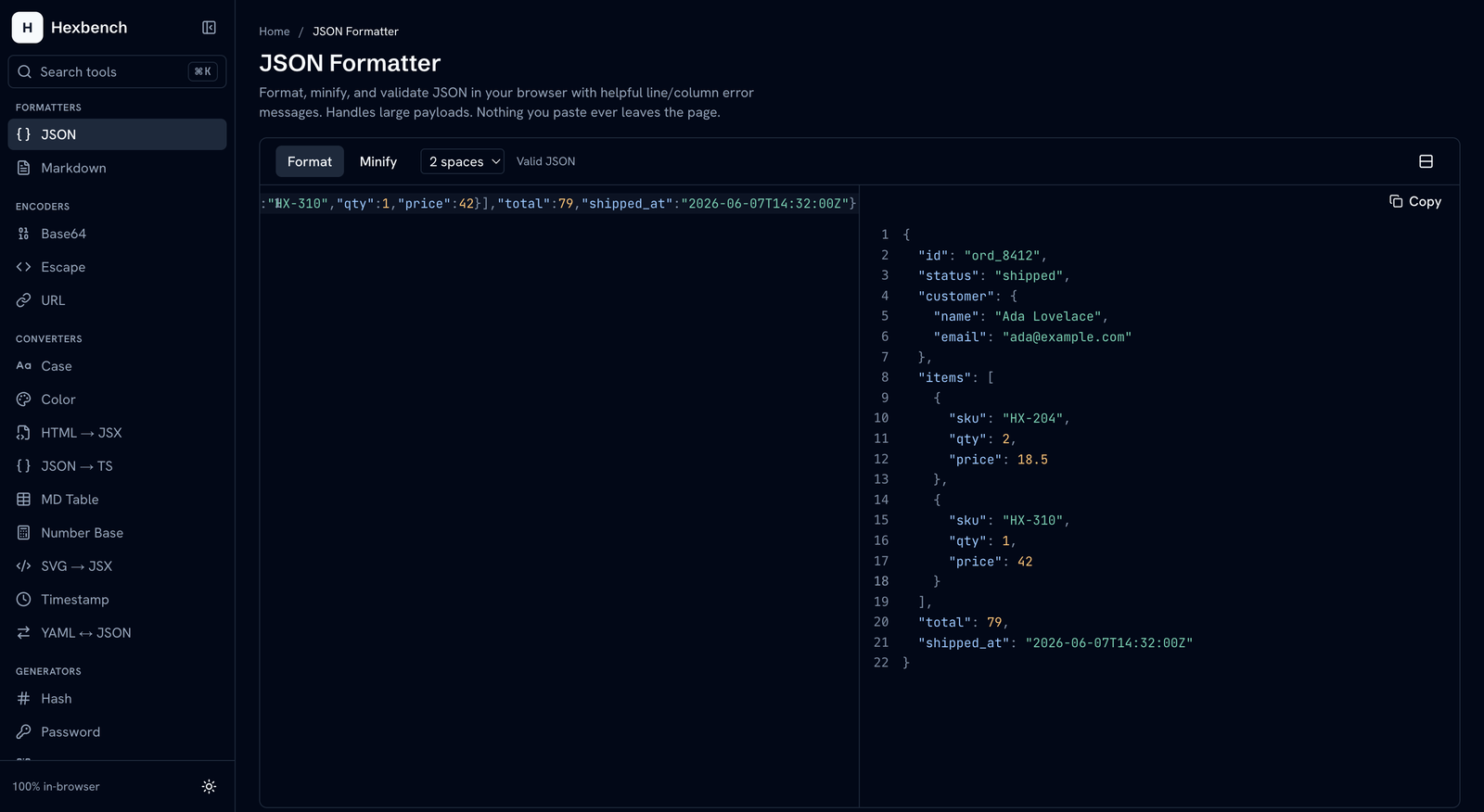The Hexbench JSON formatter